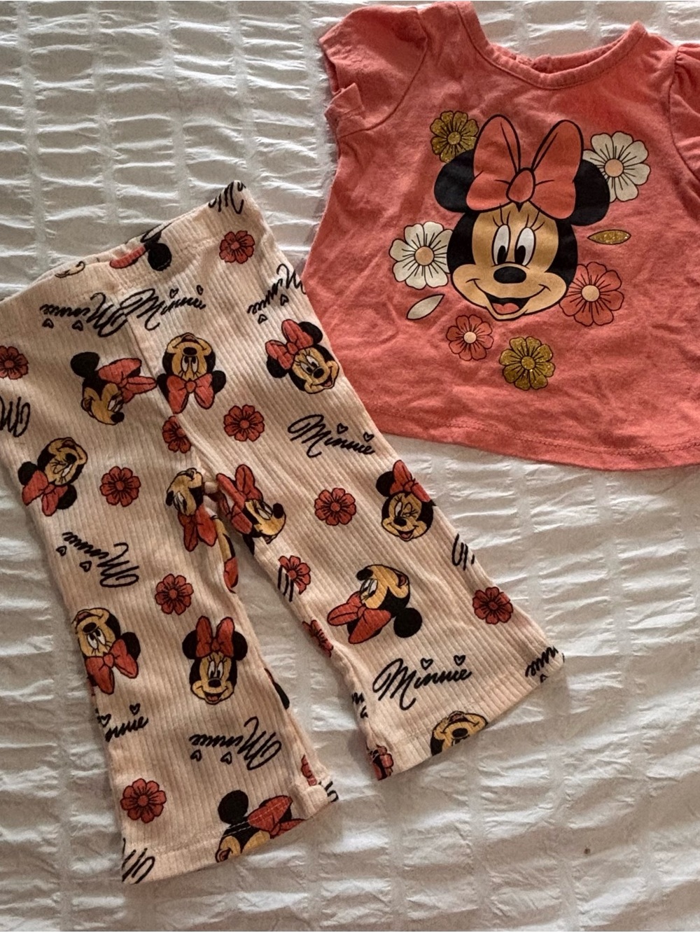 Disney Girls Minnie Mouse Coral and Cream Pajama Set